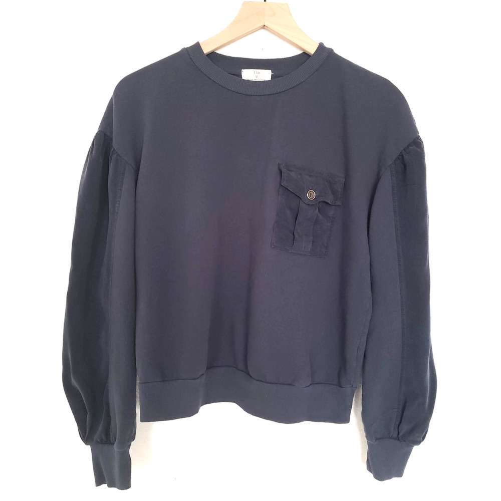 t.la Anthropologie SIZE S Women Navy Blue Long Sleeve Pullover Blouse Top Pockec